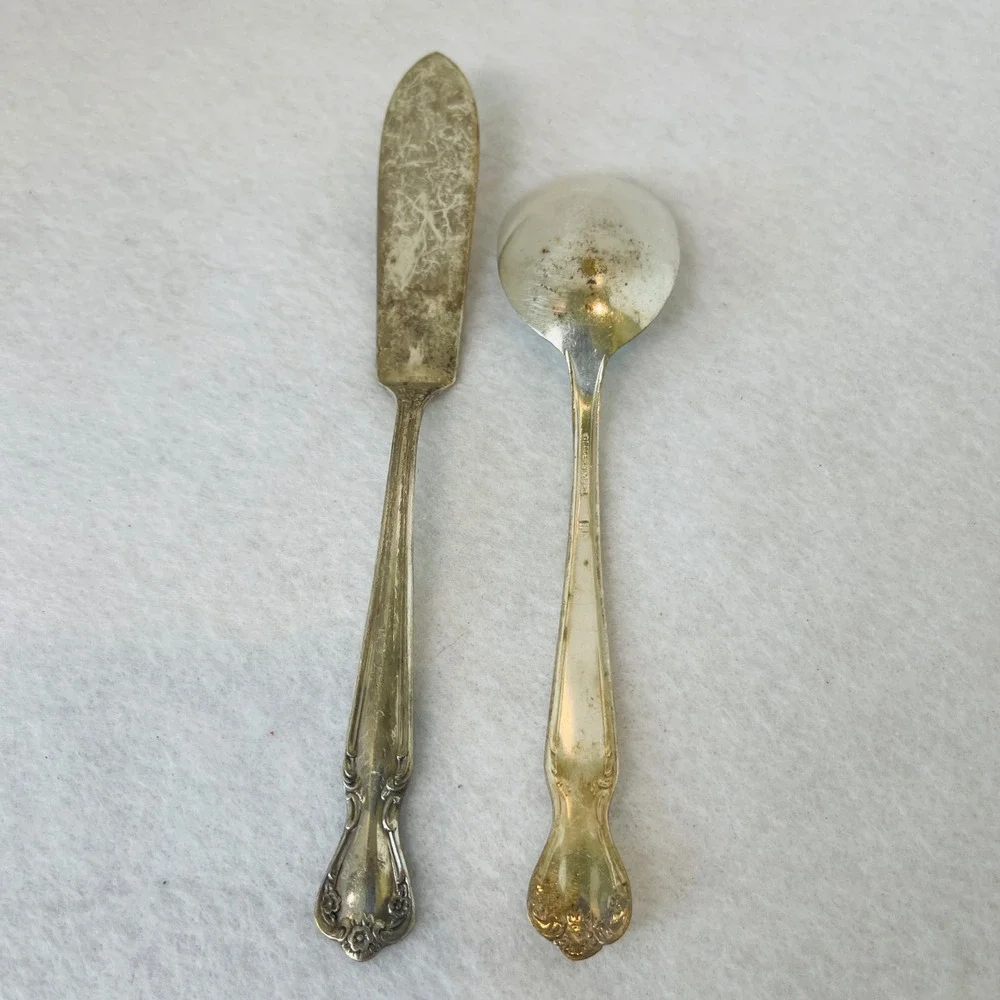 Rogers IS Silver Plate Master Butter Knife and Sugar Spoon Floral Scroll 2pc Set